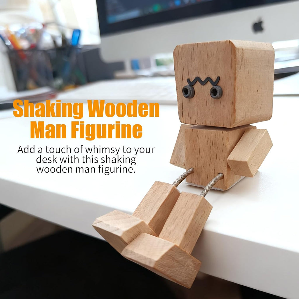 Shaking Wooden Man Figurine, Handmade Shaking Feet Woodens Doll with 12PCS Magnetic Expressions, DIY Car Ornament Desktop Decor, Creative Gift