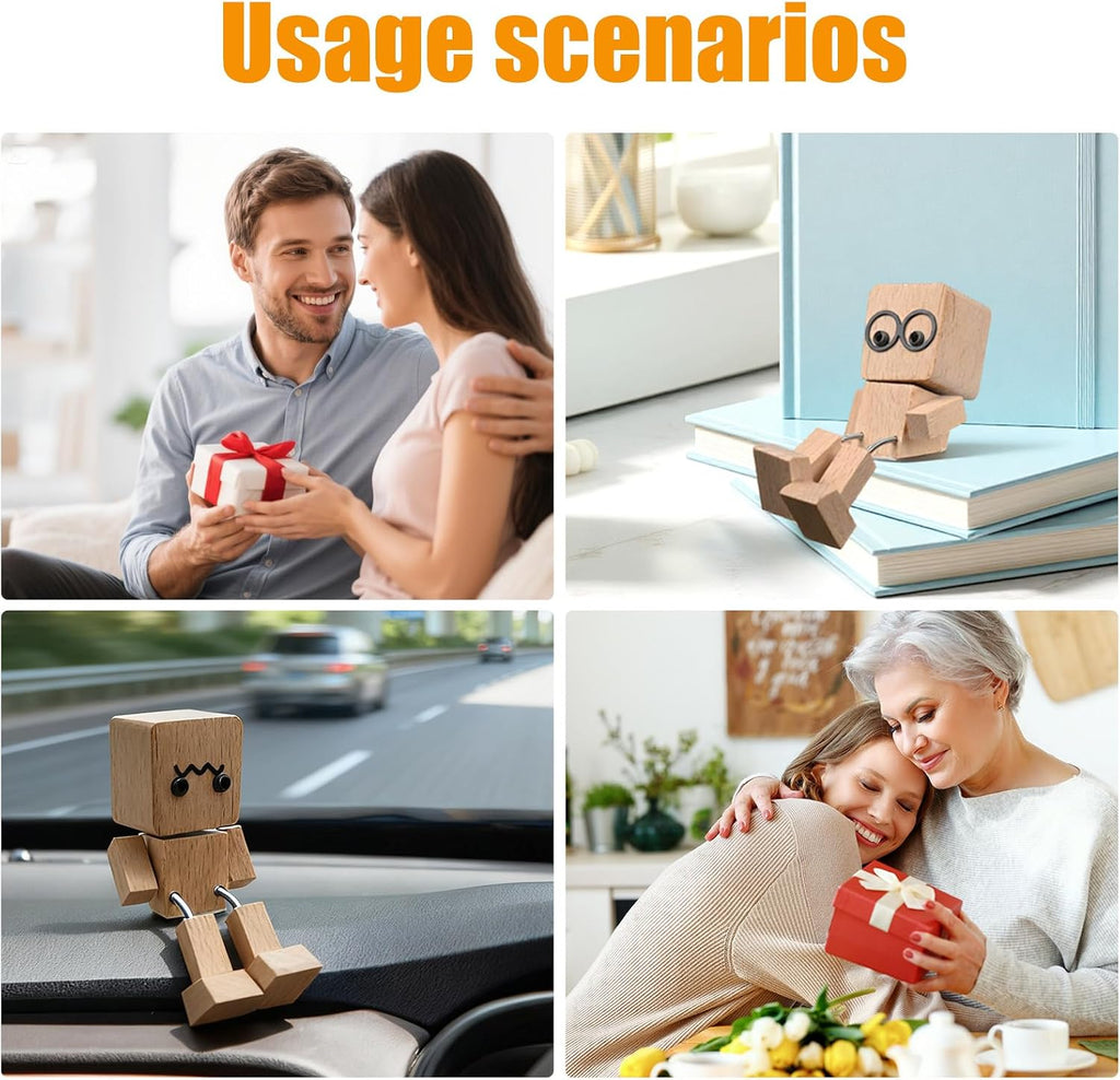 Shaking Wooden Man Figurine, Handmade Shaking Feet Woodens Doll with 12PCS Magnetic Expressions, DIY Car Ornament Desktop Decor, Creative Gift