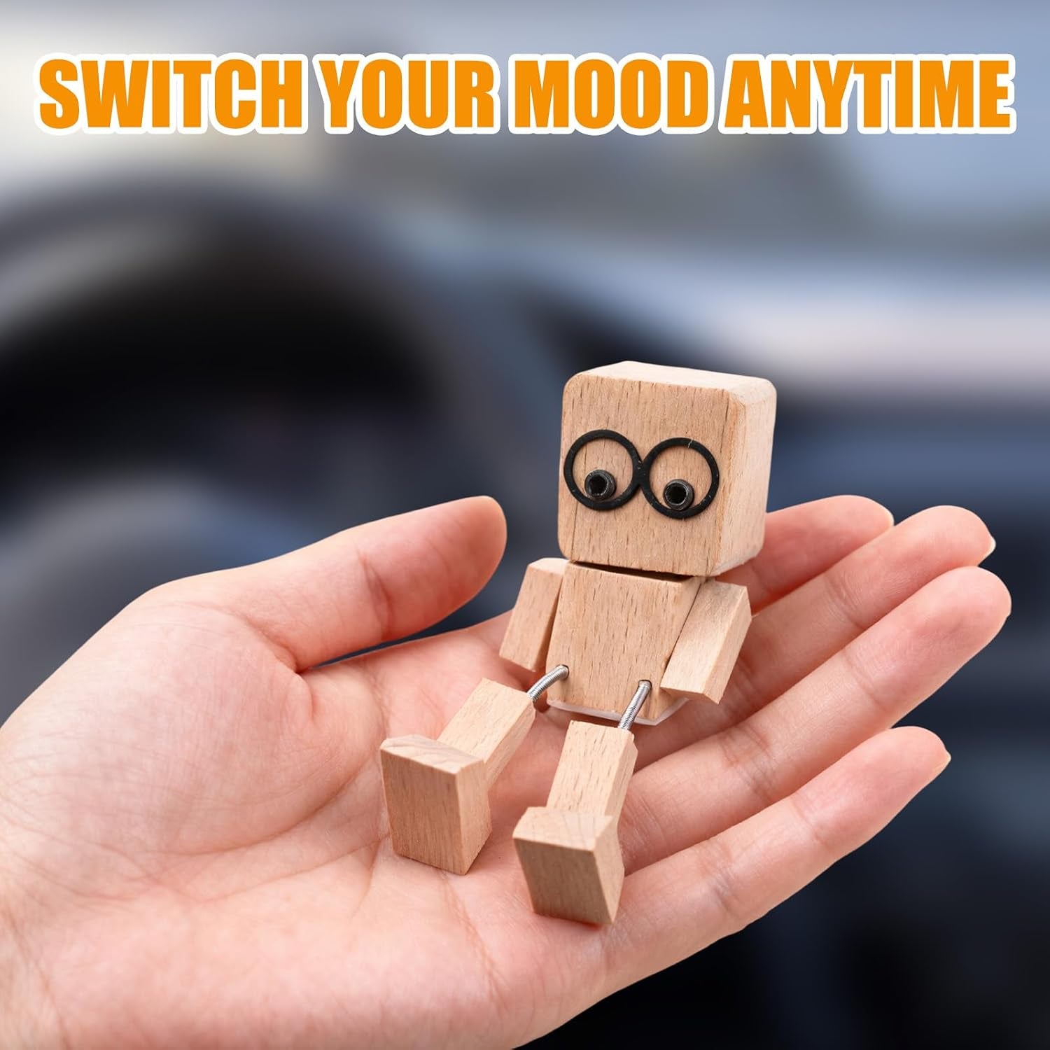 Shaking Wooden Man Figurine, Handmade Shaking Feet Woodens Doll with 12PCS Magnetic Expressions, DIY Car Ornament Desktop Decor, Creative Gift