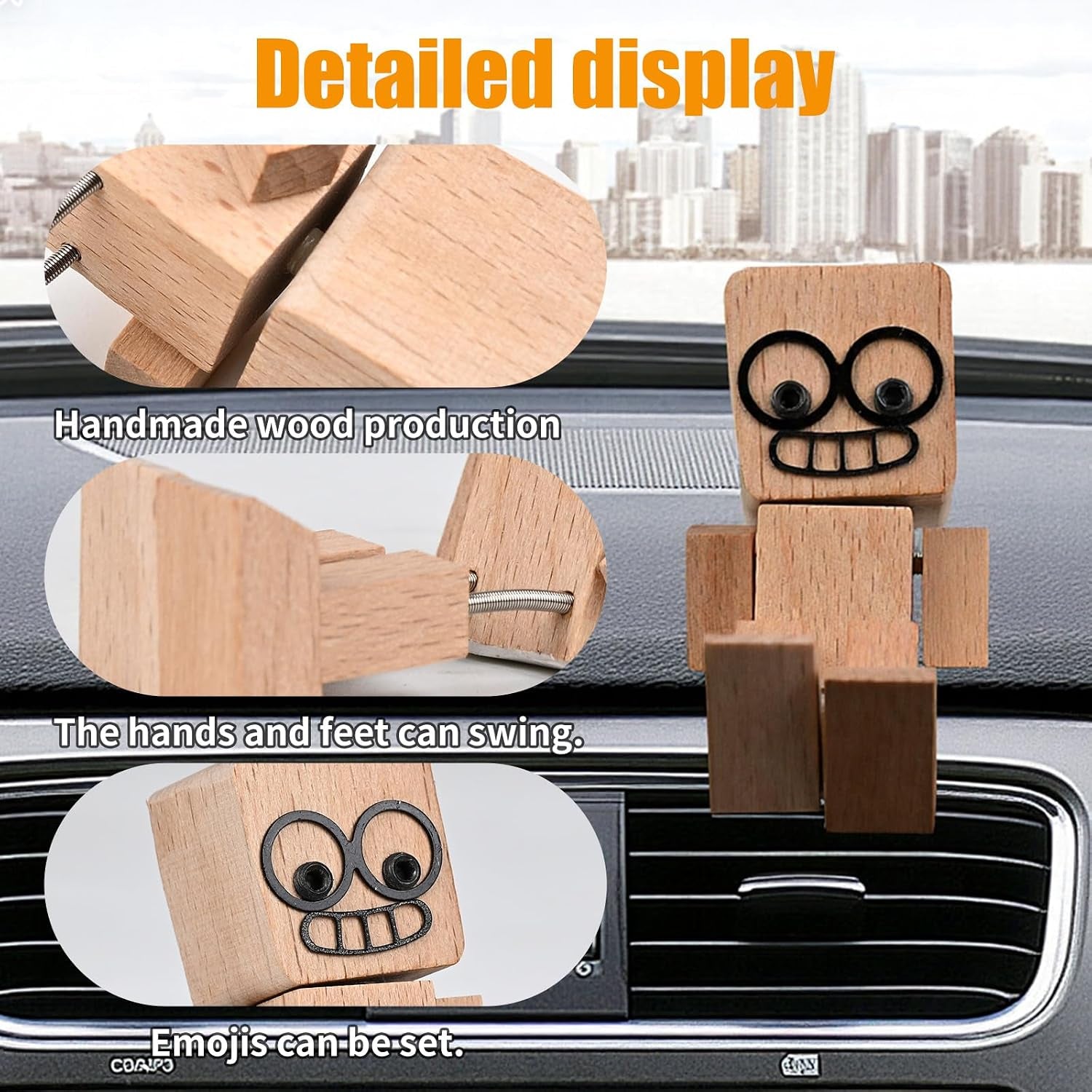Shaking Wooden Man Figurine, Handmade Shaking Feet Woodens Doll with 12PCS Magnetic Expressions, DIY Car Ornament Desktop Decor, Creative Gift
