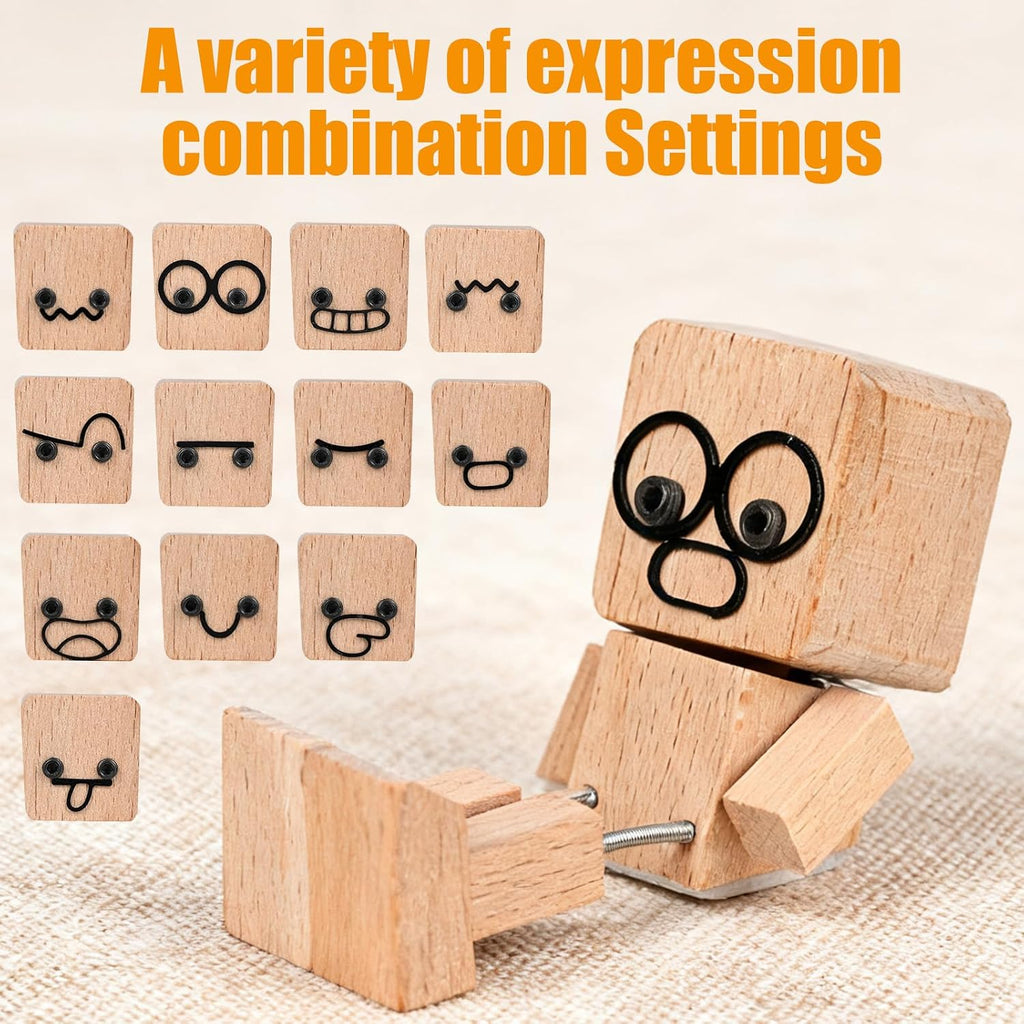 Shaking Wooden Man Figurine, Handmade Shaking Feet Woodens Doll with 12PCS Magnetic Expressions, DIY Car Ornament Desktop Decor, Creative Gift