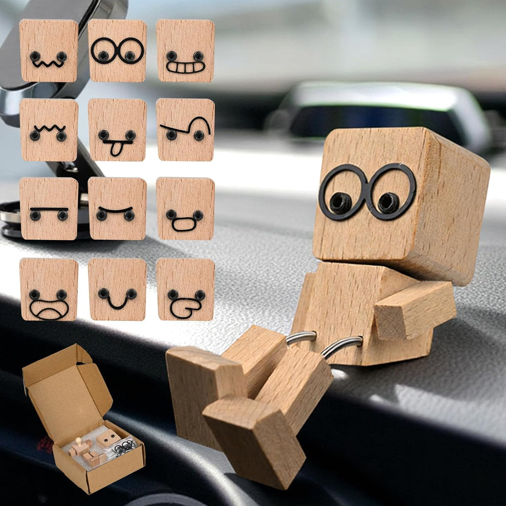 Shaking Wooden Man Figurine, Handmade Shaking Feet Woodens Doll with 12PCS Magnetic Expressions, DIY Car Ornament Desktop Decor, Creative Gift